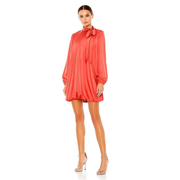 NWT Mac Duggal High Neck Long Sleeve Bubble Hem Dress Coral 2 #9862 - Picture 1 of 8